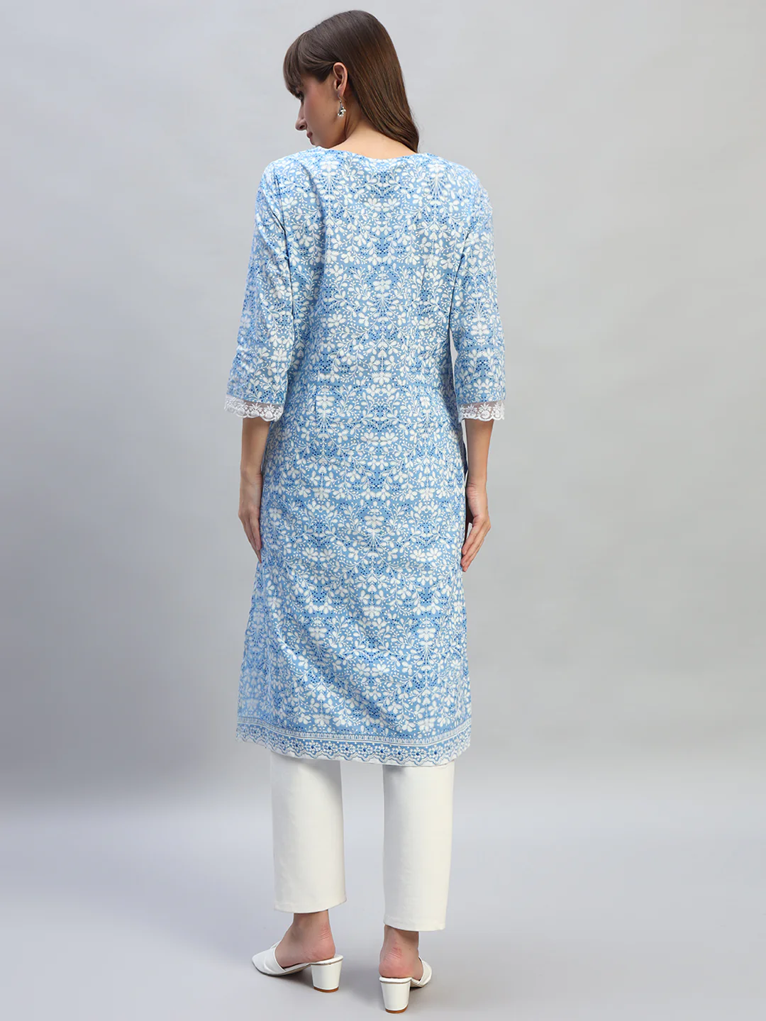 Women's Printed Blue V-Neck 3/4th Sleeves Casual Kurti - Image 4