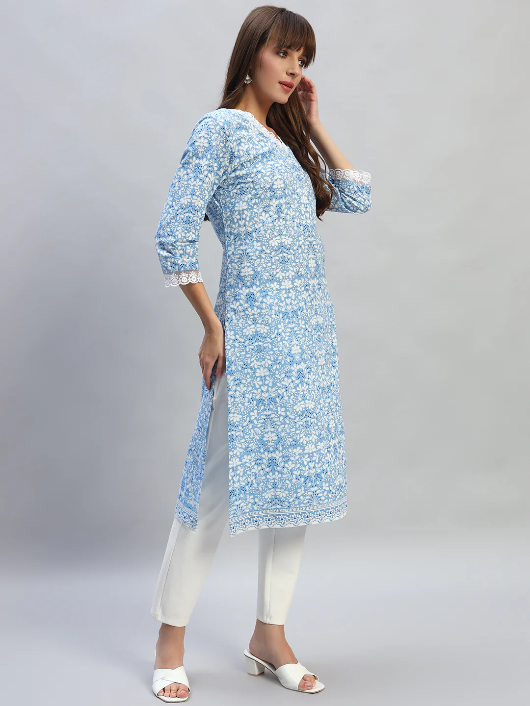 Women's Printed Blue V-Neck 3/4th Sleeves Casual Kurti - Image 5