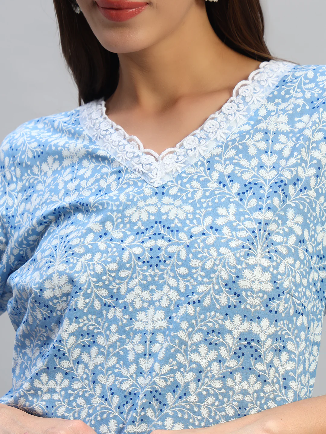 Women's Printed Blue V-Neck 3/4th Sleeves Casual Kurti - Image 6