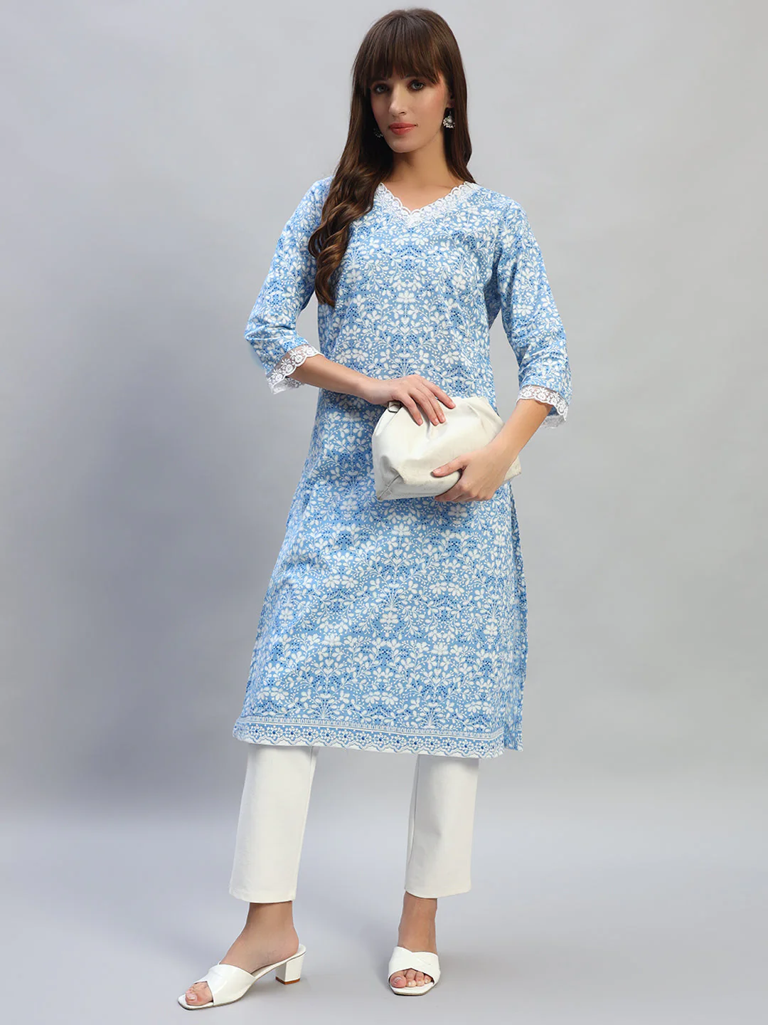 Women's Printed Blue V-Neck 3/4th Sleeves Casual Kurti - Image 7