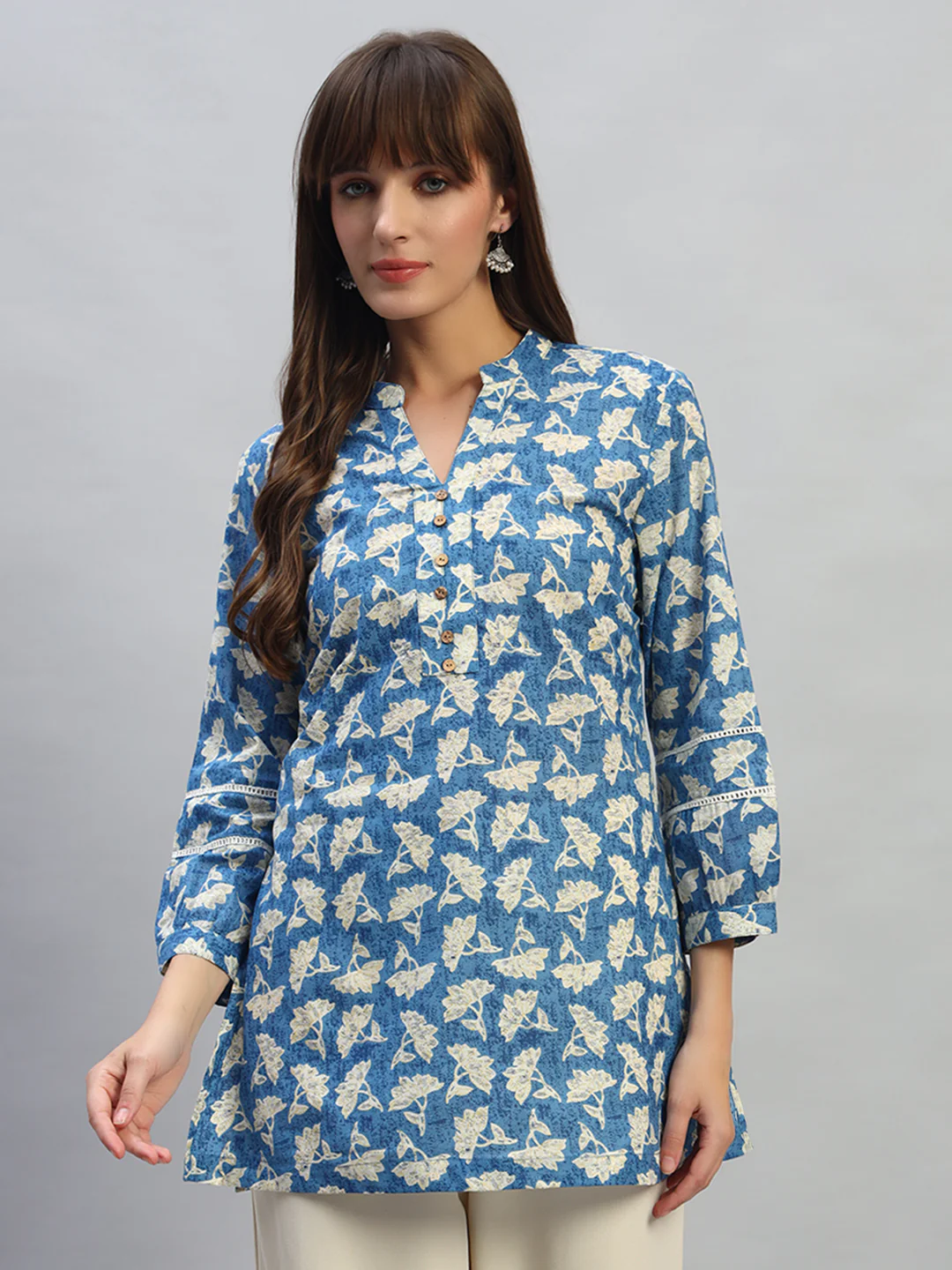 Women's Printed Blue V-Neck 3/4th Sleeves Casual Short Kurti - Image 2