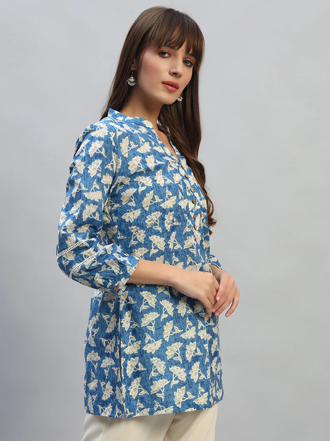 Women's Printed Blue V-Neck 3/4th Sleeves Casual Short Kurti - Image 5