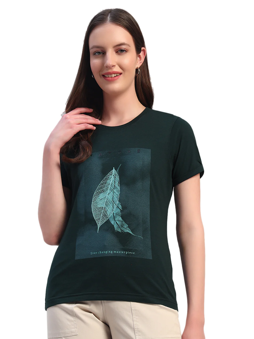 Women's Printed Bottle Green Round Neck Half Sleeves Casual T-Shirt