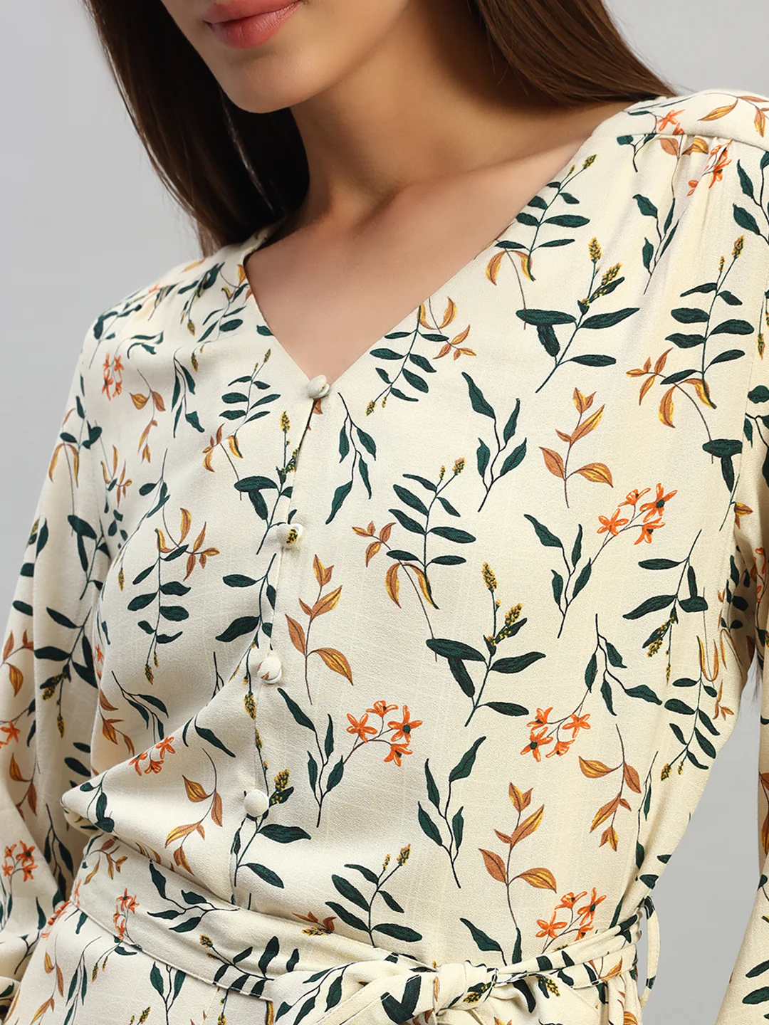 Women's Printed Ivory V-Neck 3/4th Sleeves Casual Dress - Image 6
