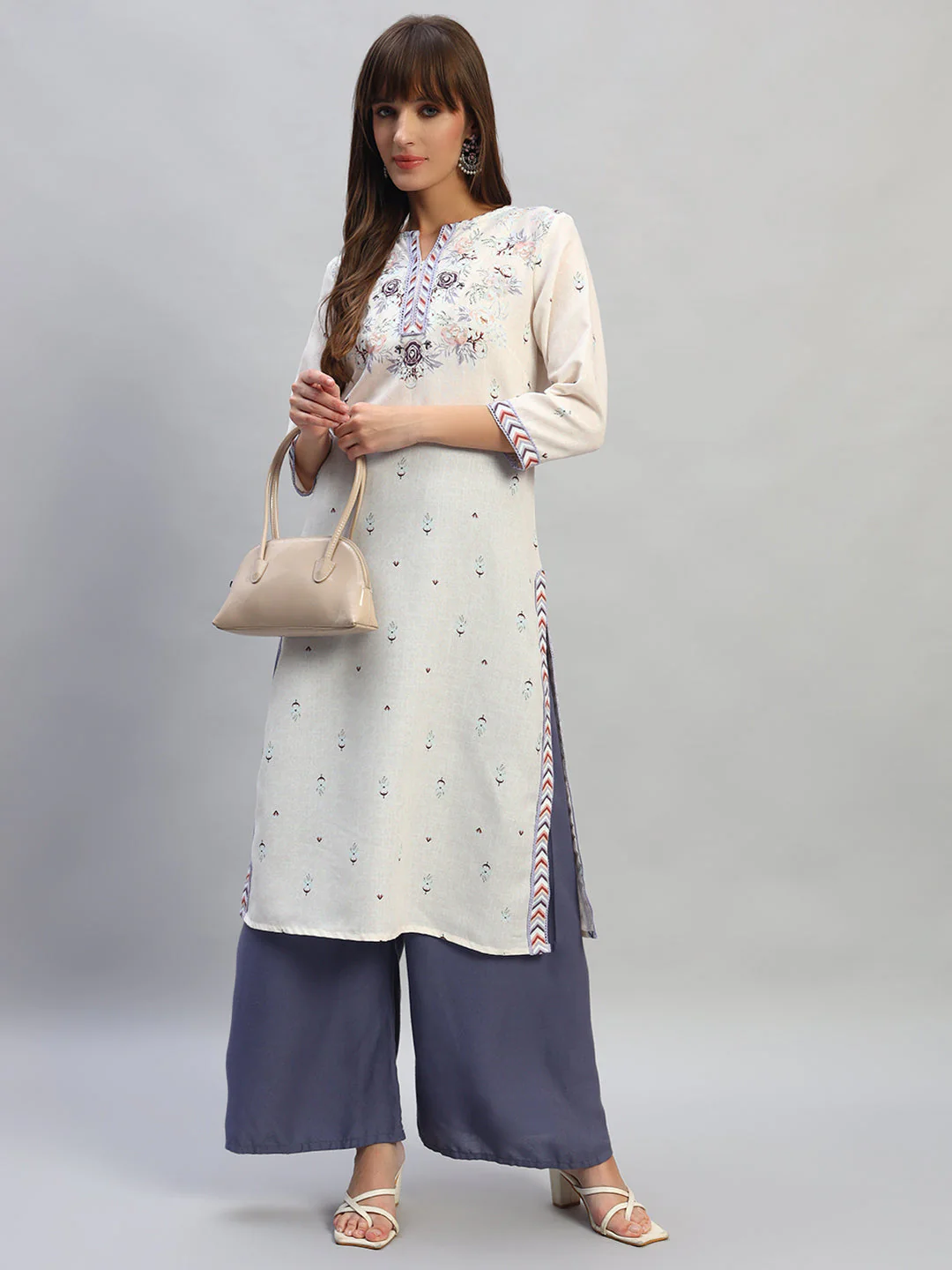 Women's Printed Ivory V-Neck 3/4th Sleeves Casual Kurti - Image 7