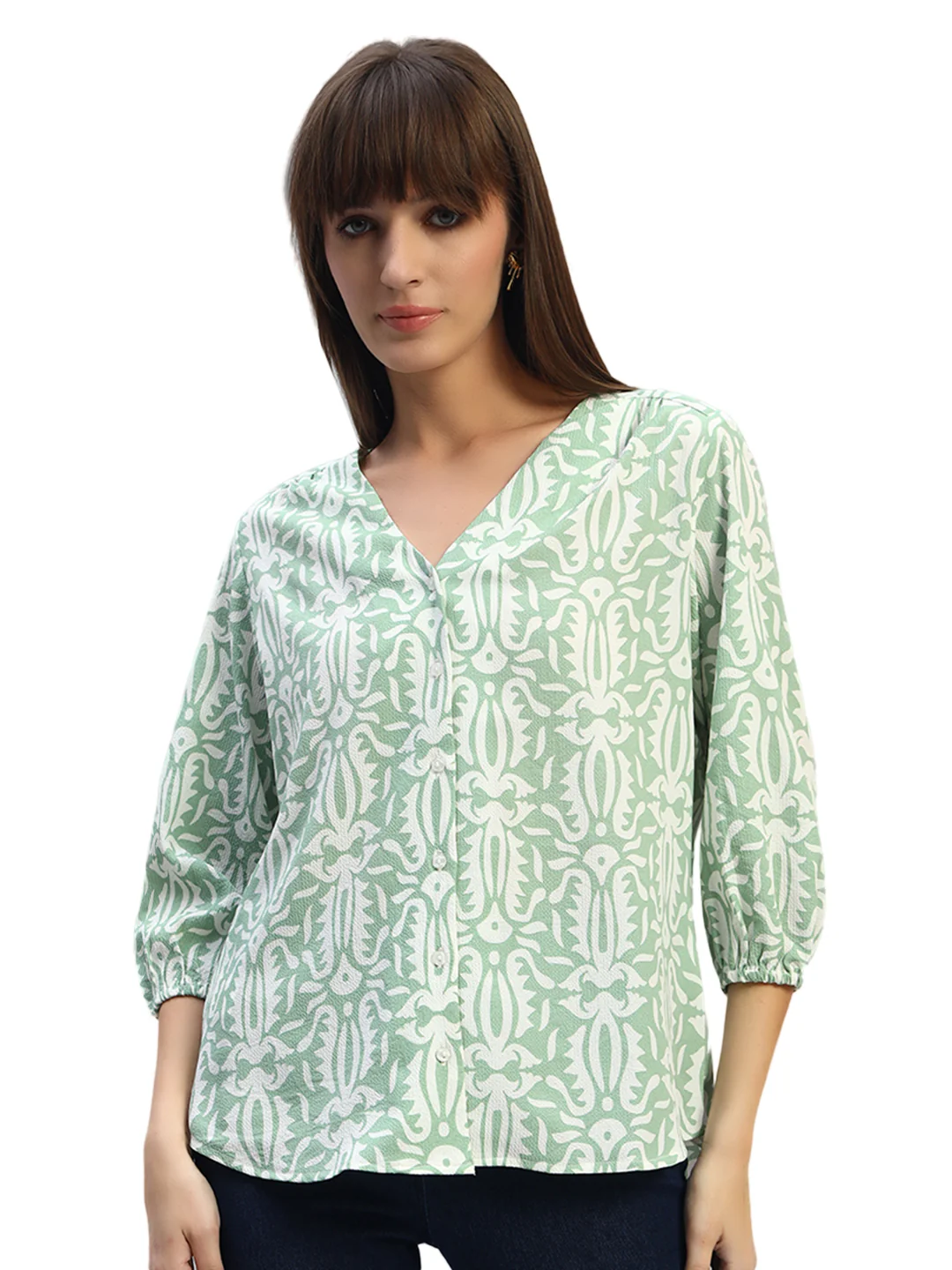 Women's Printed Light Green 3/4th Sleeves V-Neck Casual Tunic - Image 2