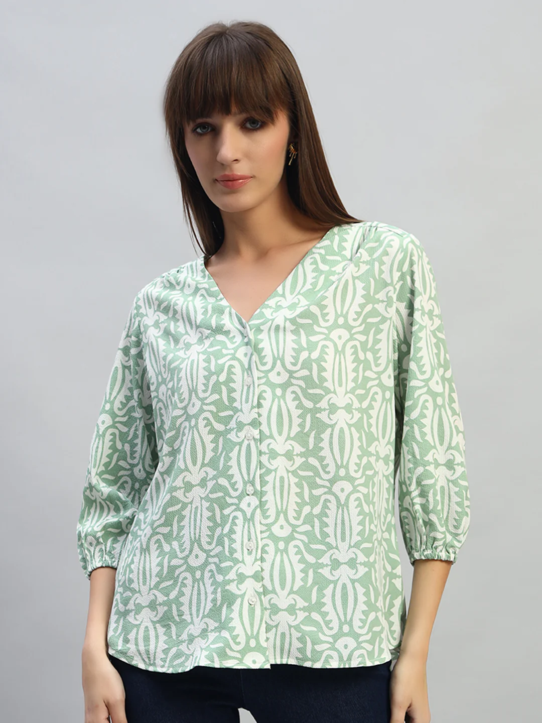 Women's Printed Light Green 3/4th Sleeves V-Neck Casual Tunic - Image 3