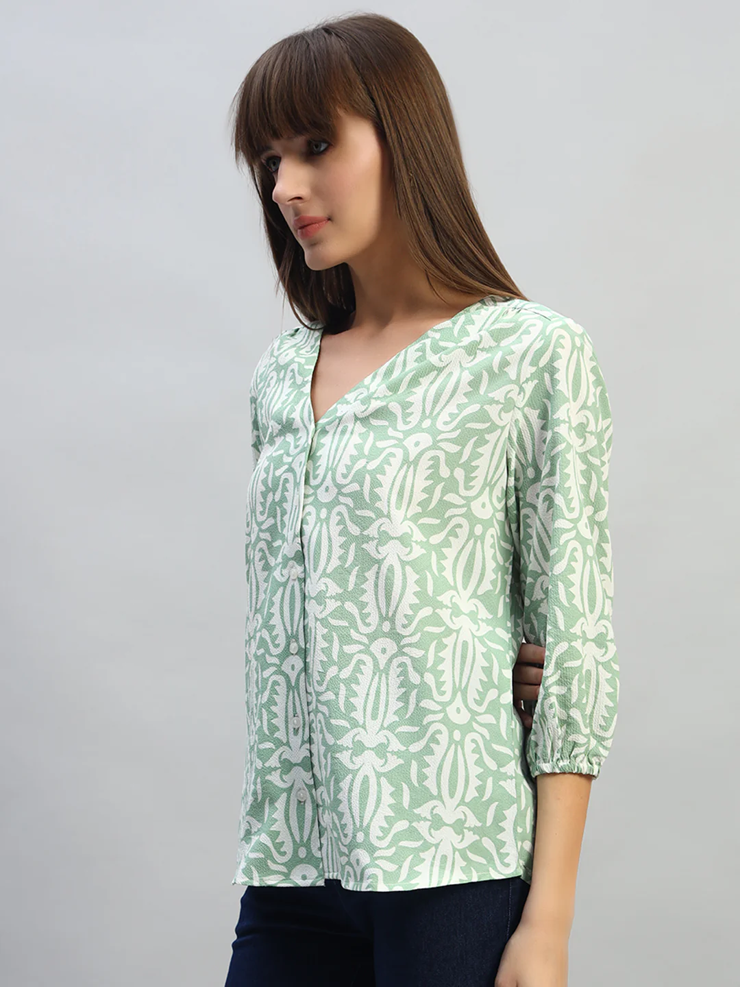 Women's Printed Light Green 3/4th Sleeves V-Neck Casual Tunic - Image 4