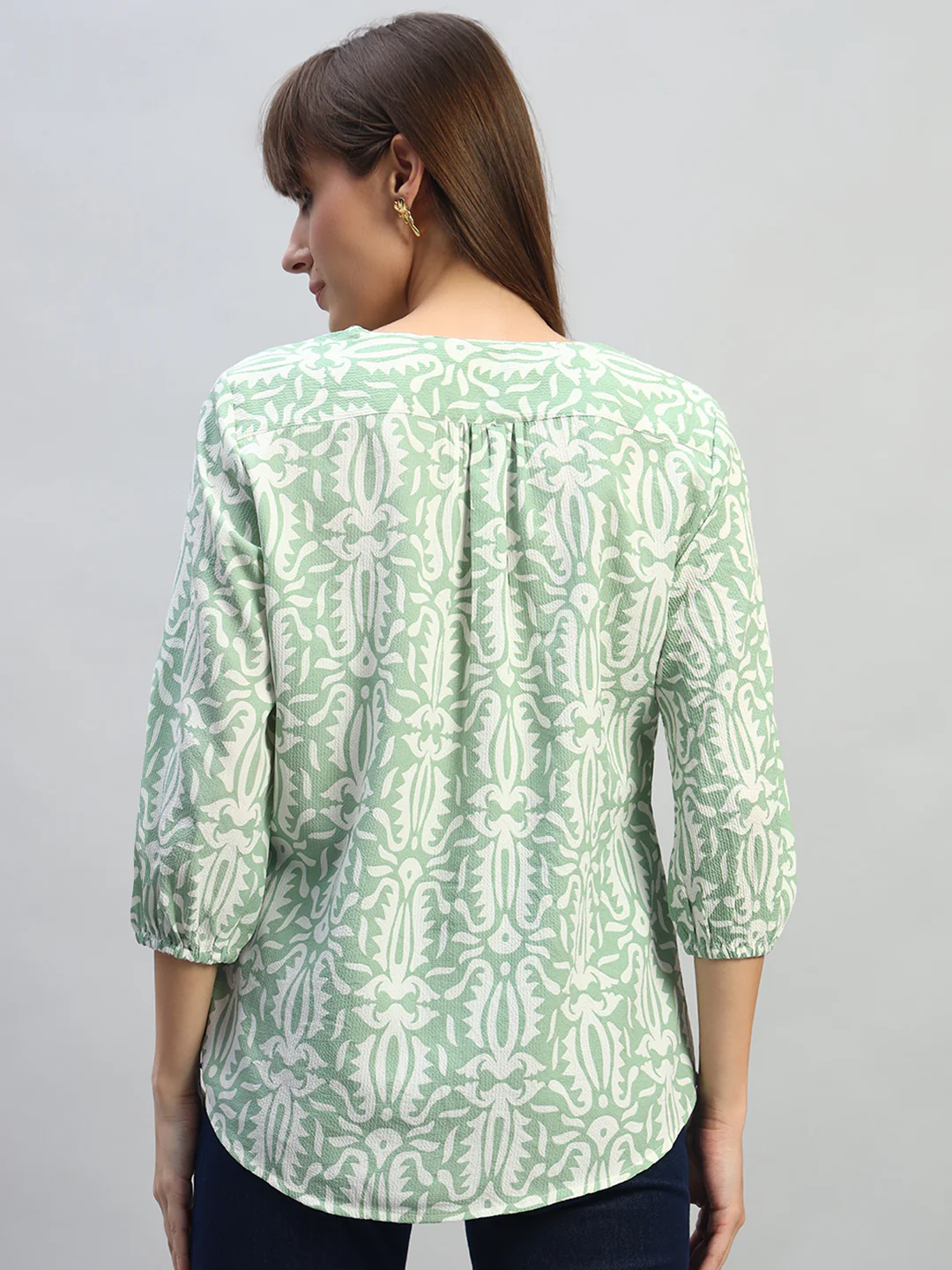 Women's Printed Light Green 3/4th Sleeves V-Neck Casual Tunic - Image 5