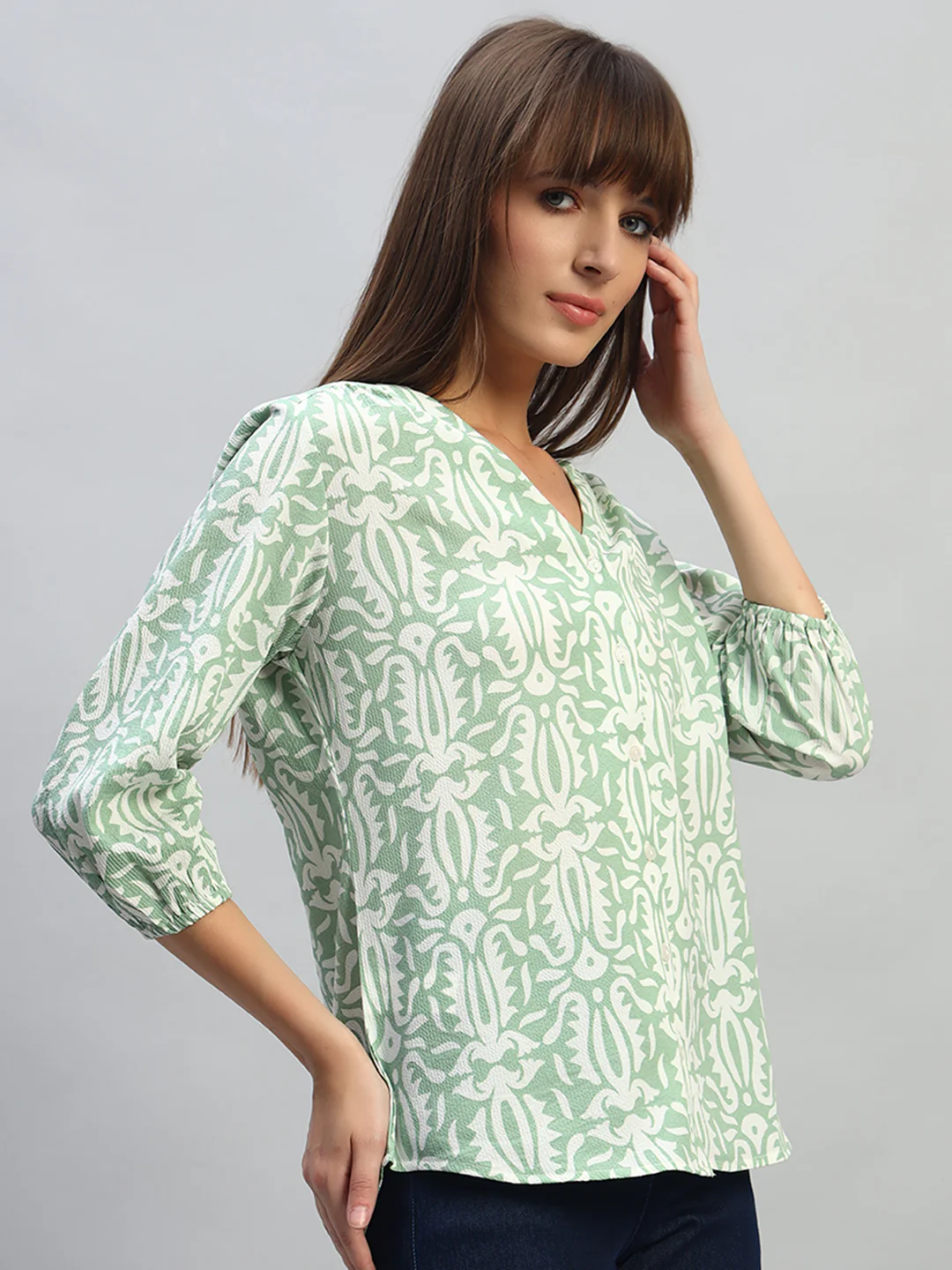 Women's Printed Light Green 3/4th Sleeves V-Neck Casual Tunic - Image 6