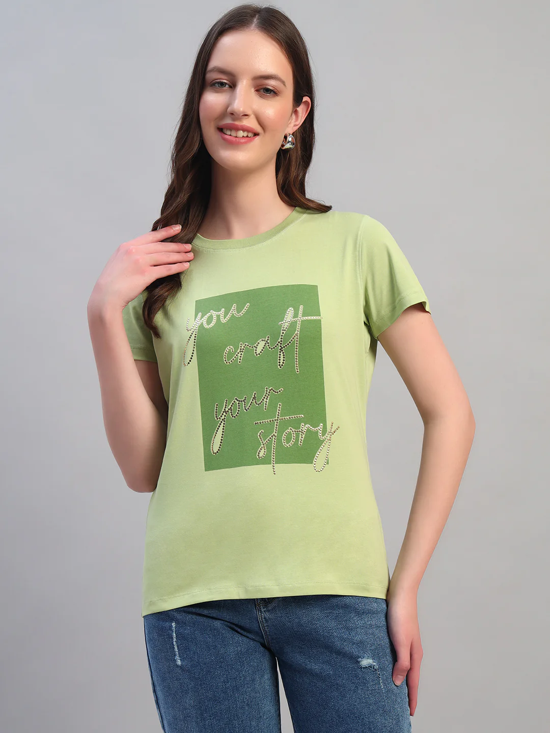 Women's Printed Mint Green Round Neck Half Sleeves Casual T-Shirt - Image 2