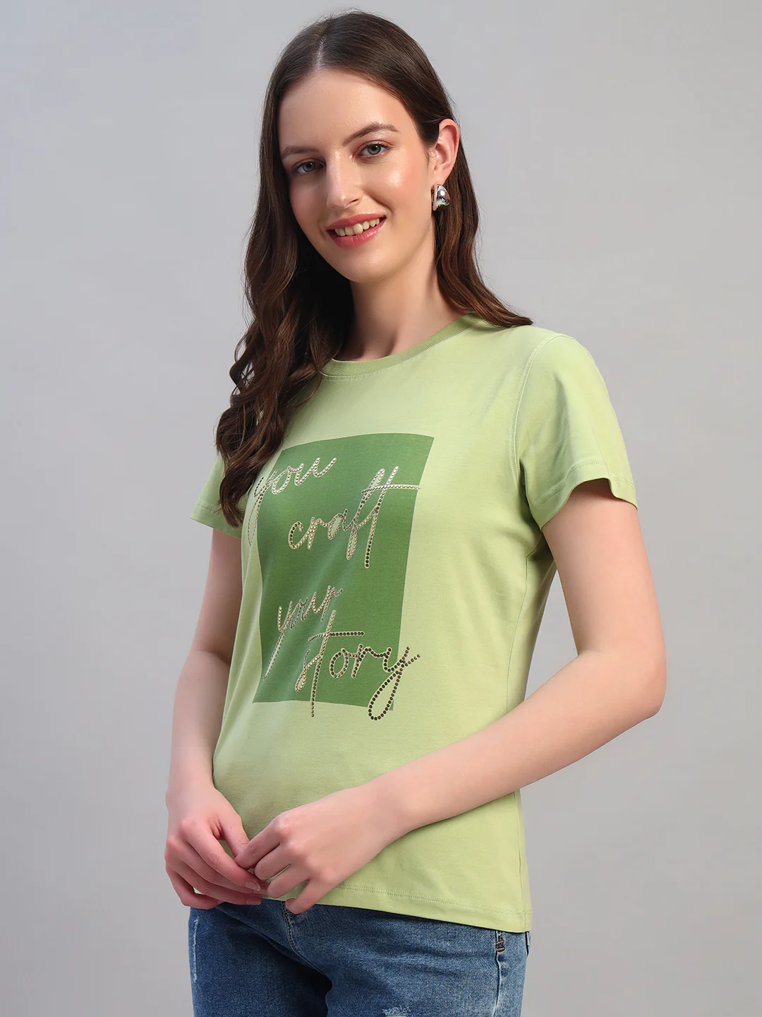 Women's Printed Mint Green Round Neck Half Sleeves Casual T-Shirt - Image 3