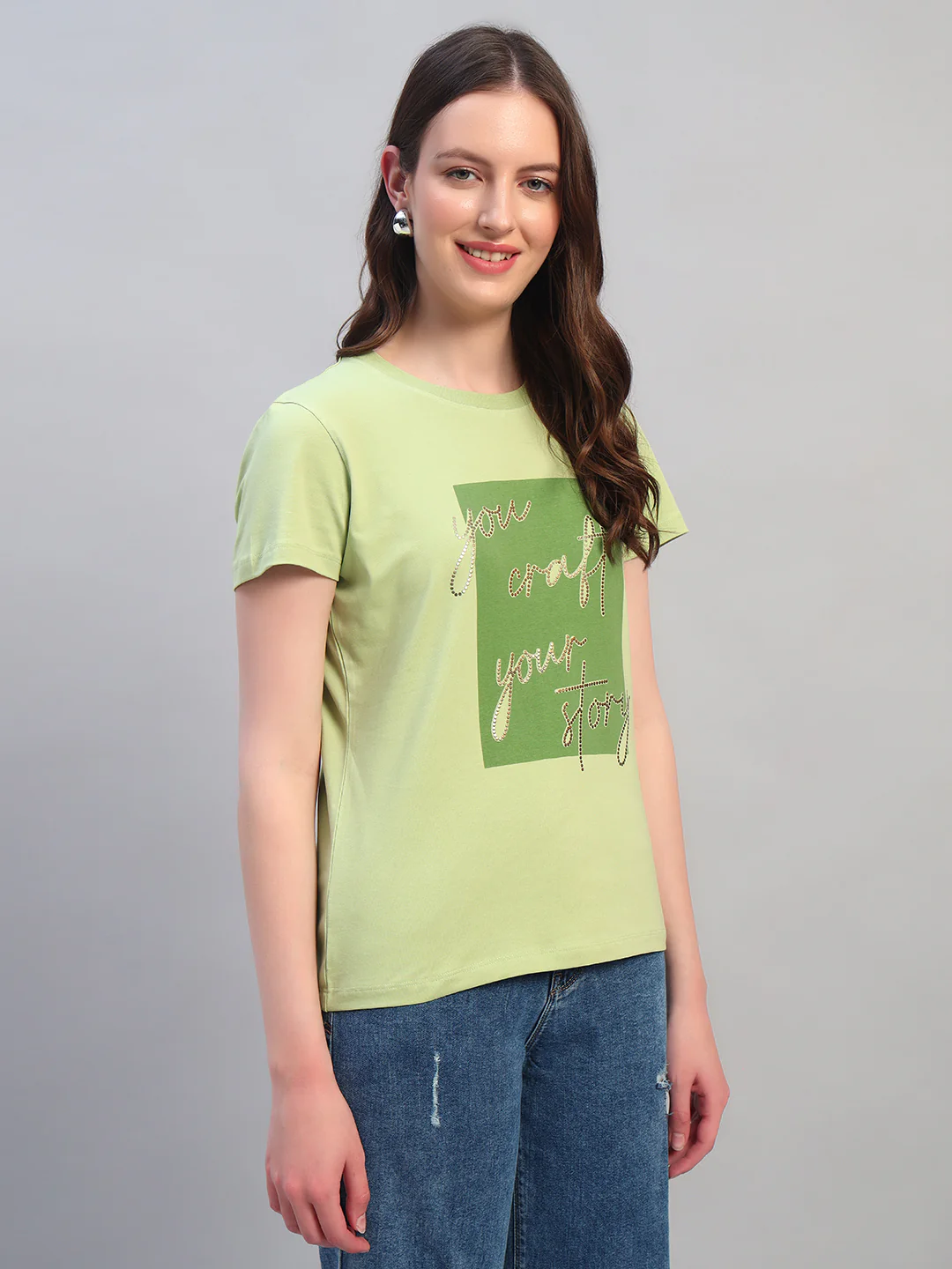 Women's Printed Mint Green Round Neck Half Sleeves Casual T-Shirt - Image 5