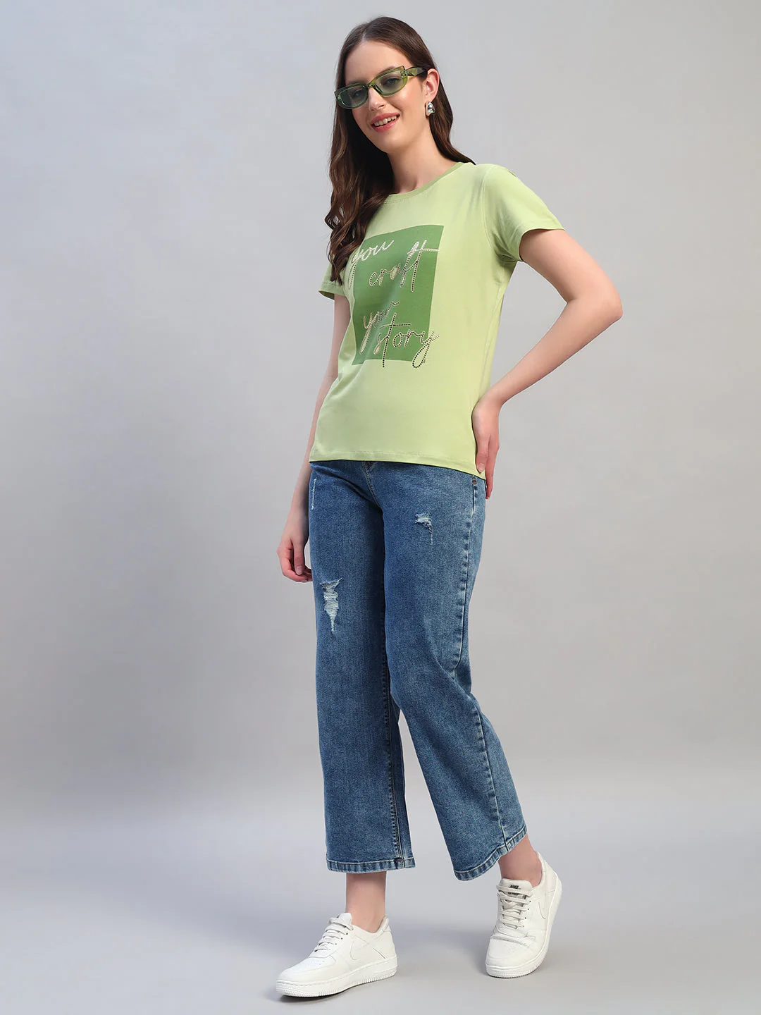 Women's Printed Mint Green Round Neck Half Sleeves Casual T-Shirt - Image 6