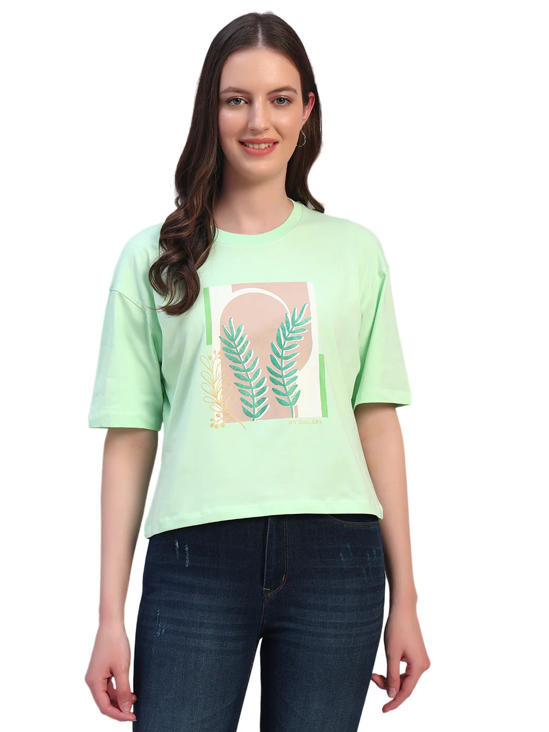 Women's Printed Mint Green Round Neck Half Sleeves Casual T-Shirt - Image 2