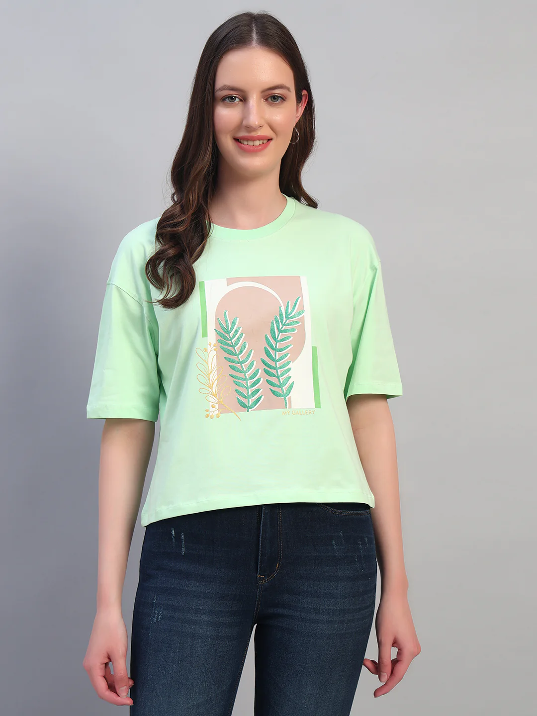 Women's Printed Mint Green Round Neck Half Sleeves Casual T-Shirt - Image 3