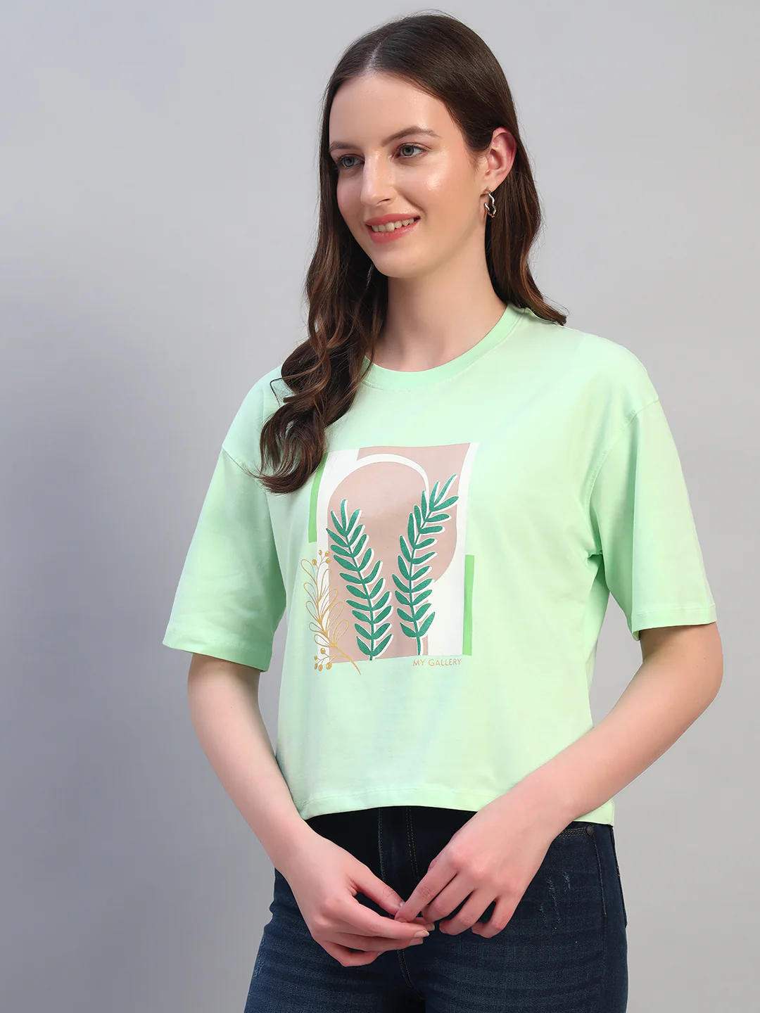 Women's Printed Mint Green Round Neck Half Sleeves Casual T-Shirt - Image 4