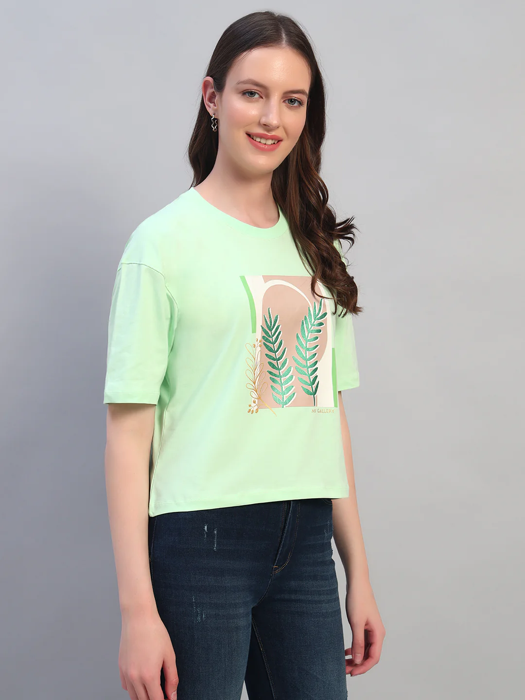 Women's Printed Mint Green Round Neck Half Sleeves Casual T-Shirt - Image 6