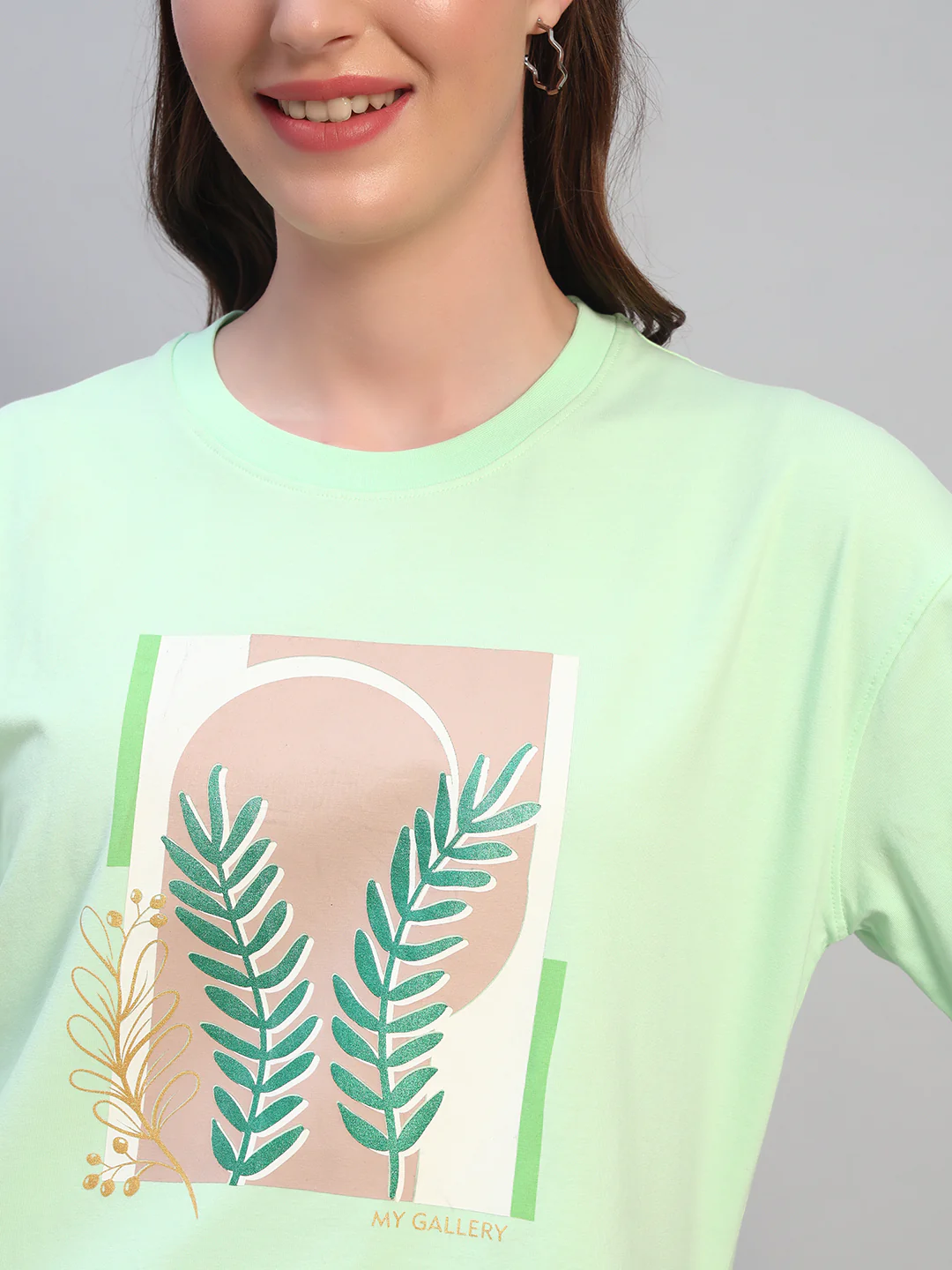 Women's Printed Mint Green Round Neck Half Sleeves Casual T-Shirt - Image 7