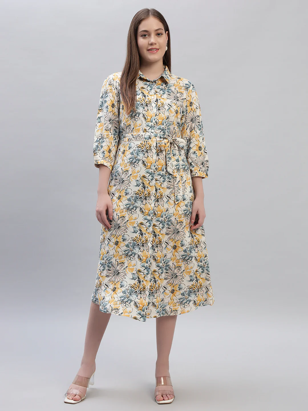 Women's Printed Multi 3/4th Sleeves Spread Collar Casual Dress - Image 2