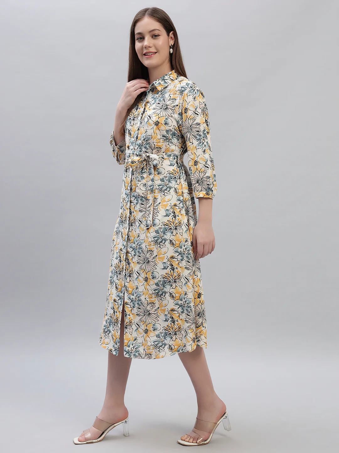Women's Printed Multi 3/4th Sleeves Spread Collar Casual Dress - Image 3