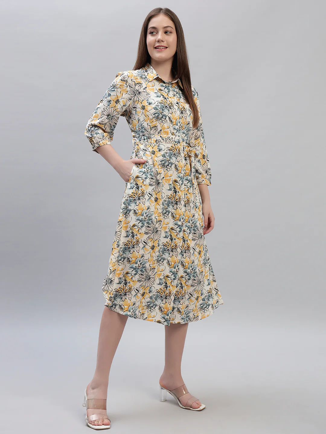 Women's Printed Multi 3/4th Sleeves Spread Collar Casual Dress - Image 5