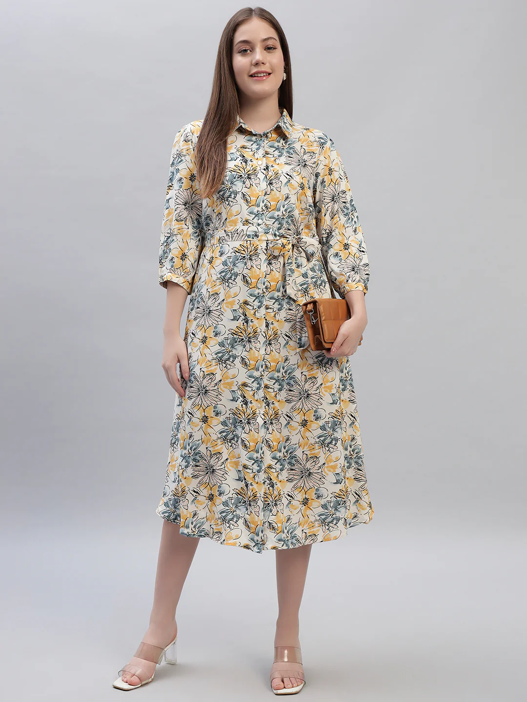 Women's Printed Multi 3/4th Sleeves Spread Collar Casual Dress - Image 7