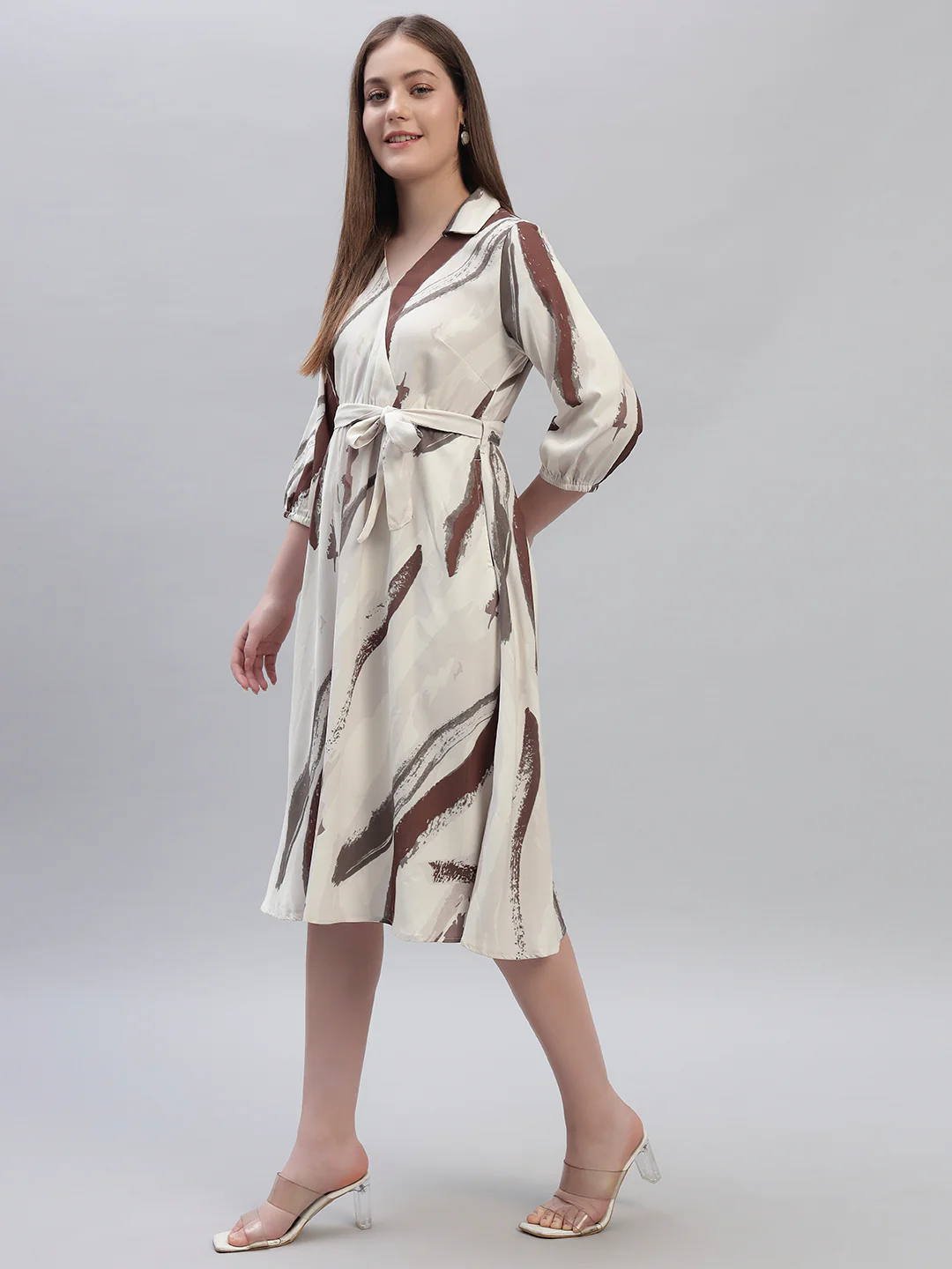 Women's Printed Multi 3/4th Sleeves V-Neck Casual Dress - Image 4