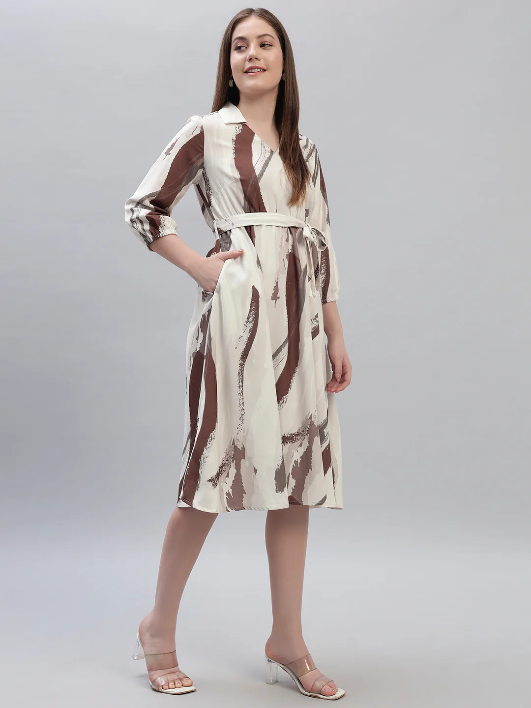 Women's Printed Multi 3/4th Sleeves V-Neck Casual Dress - Image 5