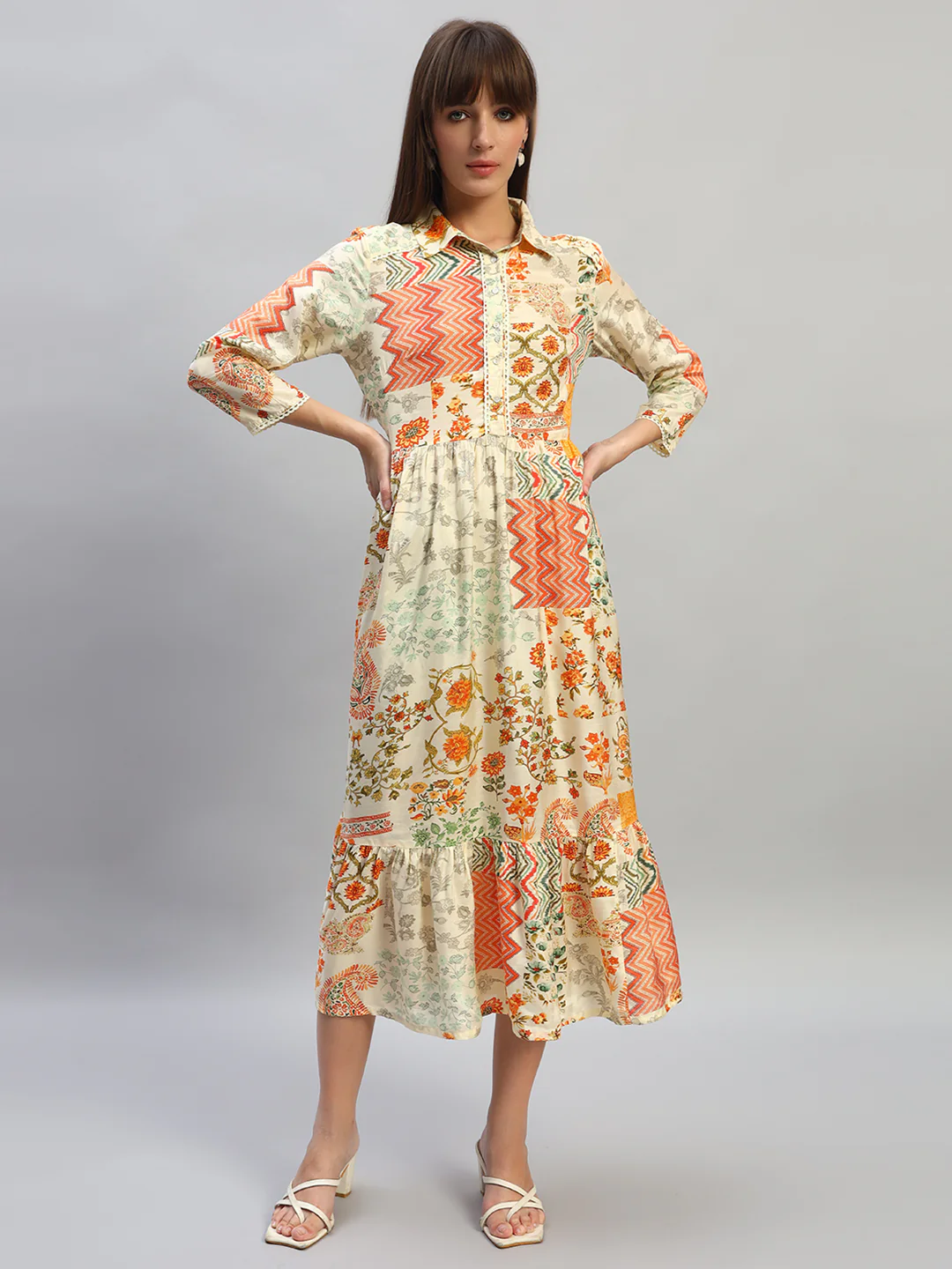 Women's Printed Multi Spread Collar 3/4th Sleeves Casual Dress - Image 2