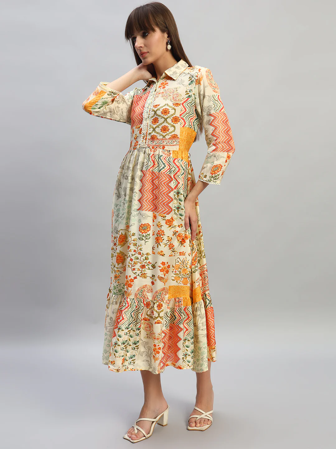 Women's Printed Multi Spread Collar 3/4th Sleeves Casual Dress - Image 3