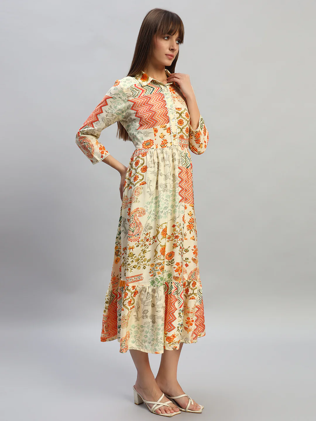 Women's Printed Multi Spread Collar 3/4th Sleeves Casual Dress - Image 5