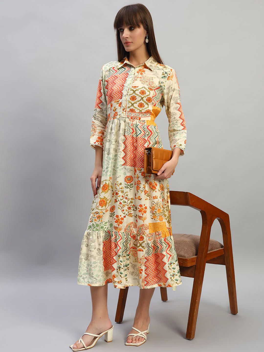Women's Printed Multi Spread Collar 3/4th Sleeves Casual Dress - Image 7
