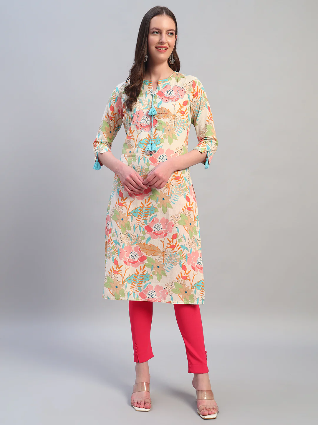Women's Printed Multi V-Neck 3/4th Sleeves Casual Kurti - Image 2