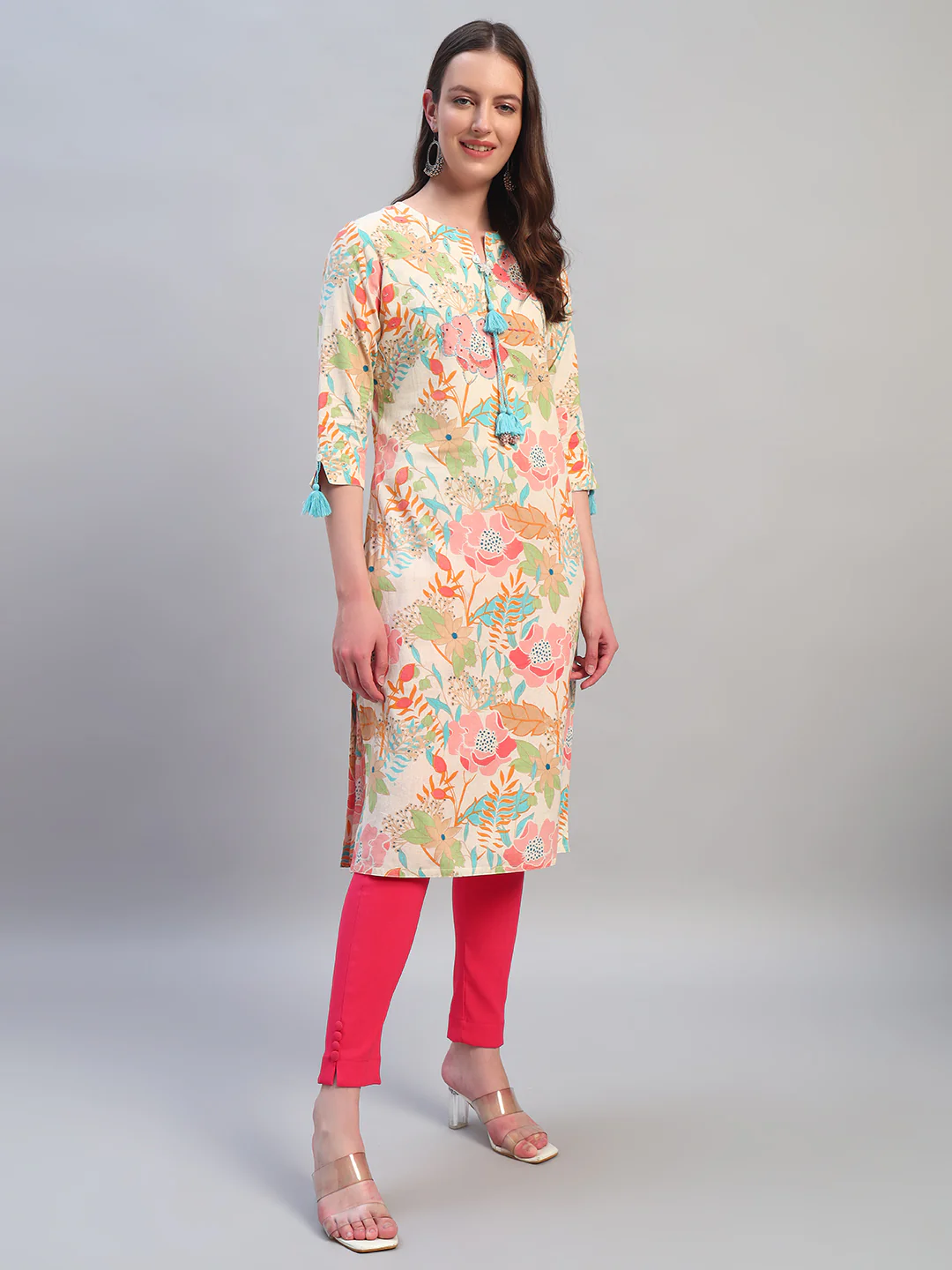 Women's Printed Multi V-Neck 3/4th Sleeves Casual Kurti - Image 5