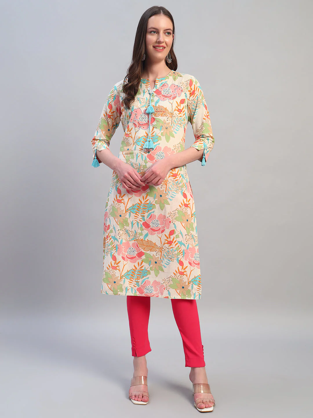 Women's Printed Multi V-Neck 3/4th Sleeves Casual Kurti - Image 7