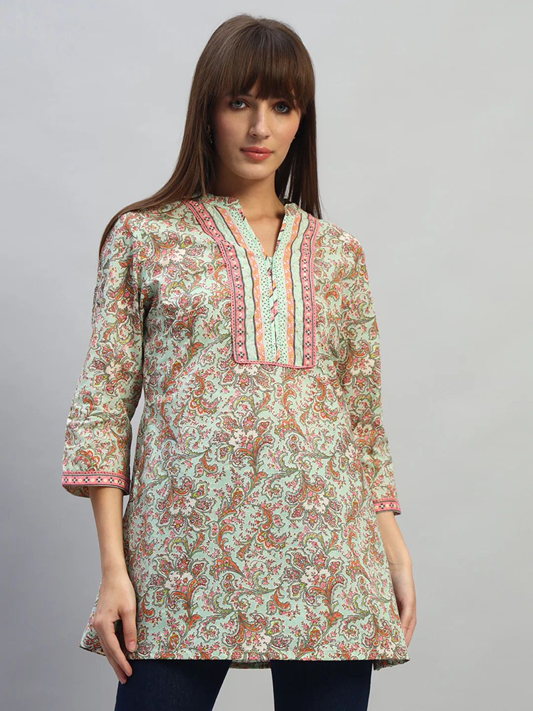 Women's Printed Multi V-Neck 3/4th Sleeves Casual Short Kurti - Image 2