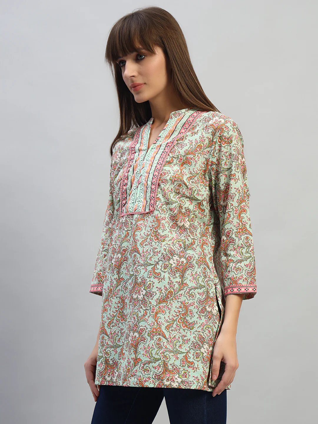 Women's Printed Multi V-Neck 3/4th Sleeves Casual Short Kurti - Image 3