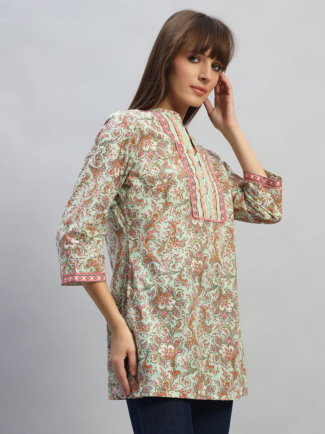 Women's Printed Multi V-Neck 3/4th Sleeves Casual Short Kurti - Image 5