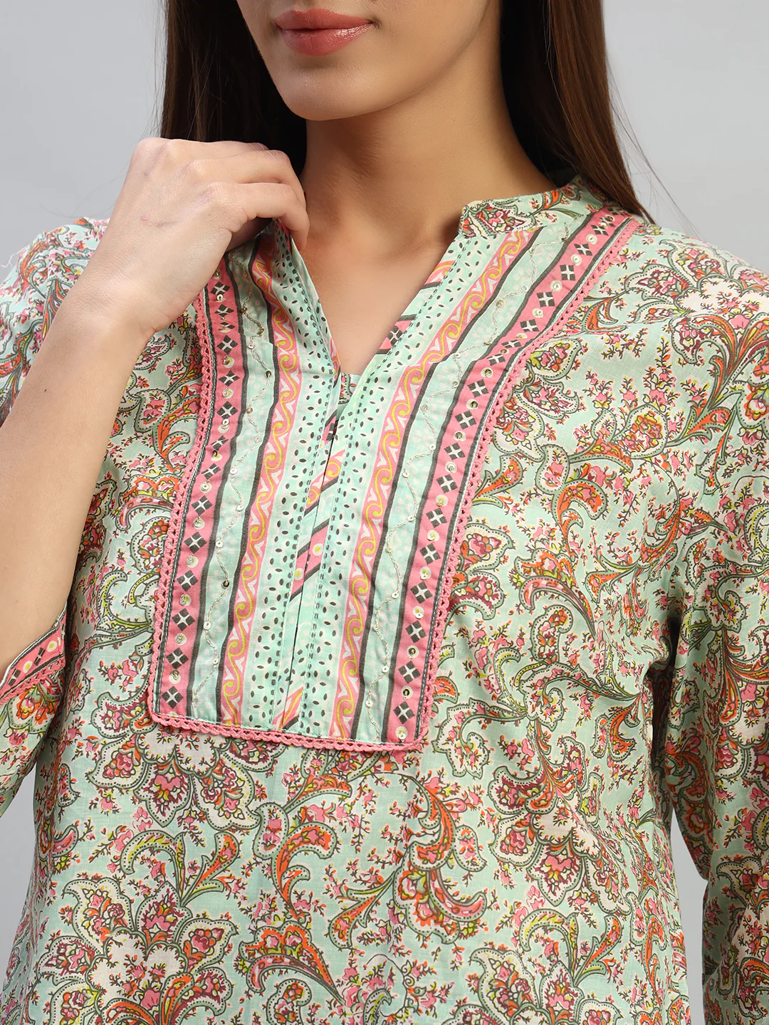 Women's Printed Multi V-Neck 3/4th Sleeves Casual Short Kurti - Image 6
