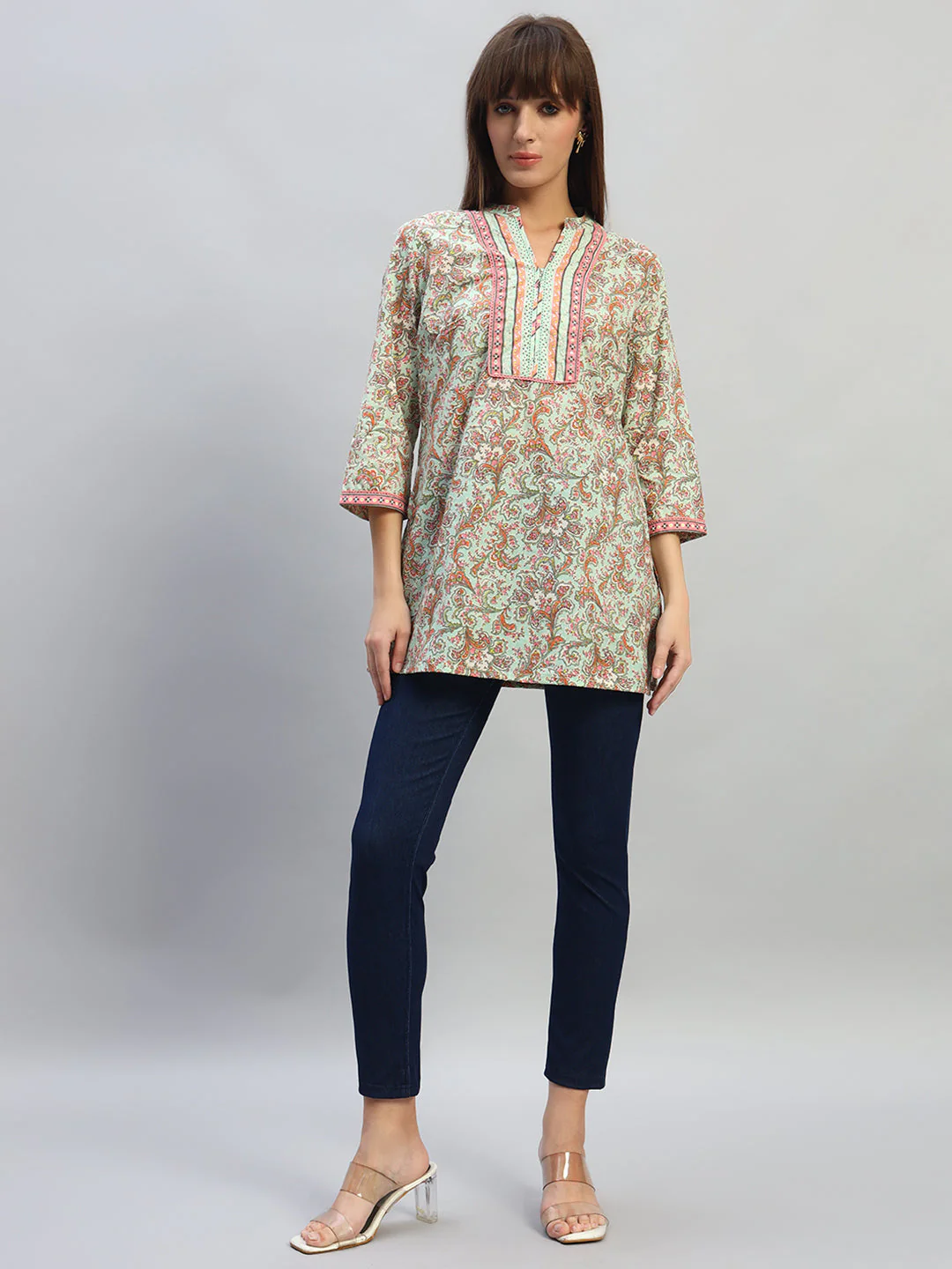 Women's Printed Multi V-Neck 3/4th Sleeves Casual Short Kurti - Image 7
