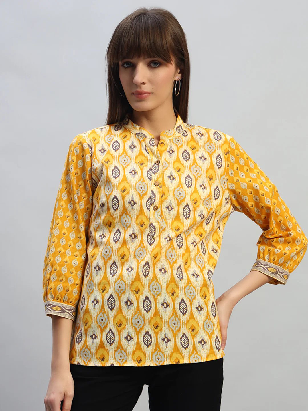 Women's Printed Mustard 3/4th Sleeves Round Neck Casual Tunic - Image 2