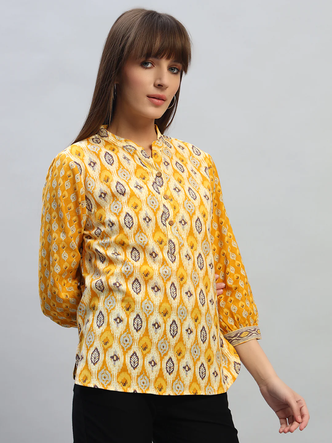 Women's Printed Mustard 3/4th Sleeves Round Neck Casual Tunic - Image 3