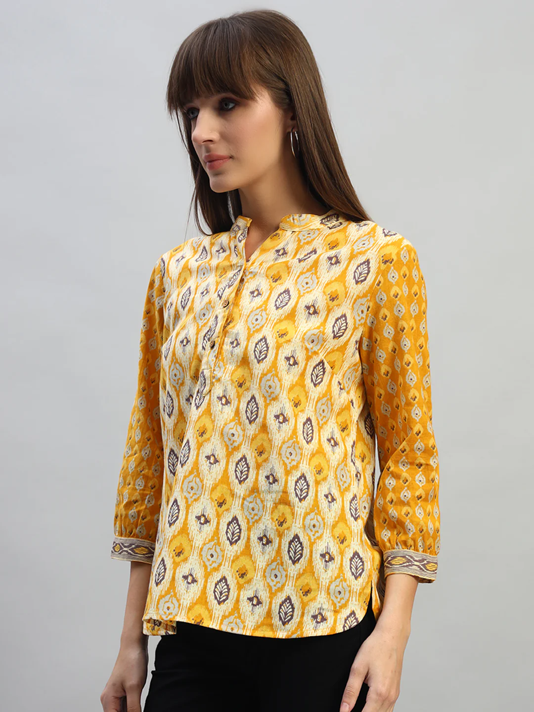 Women's Printed Mustard 3/4th Sleeves Round Neck Casual Tunic - Image 5