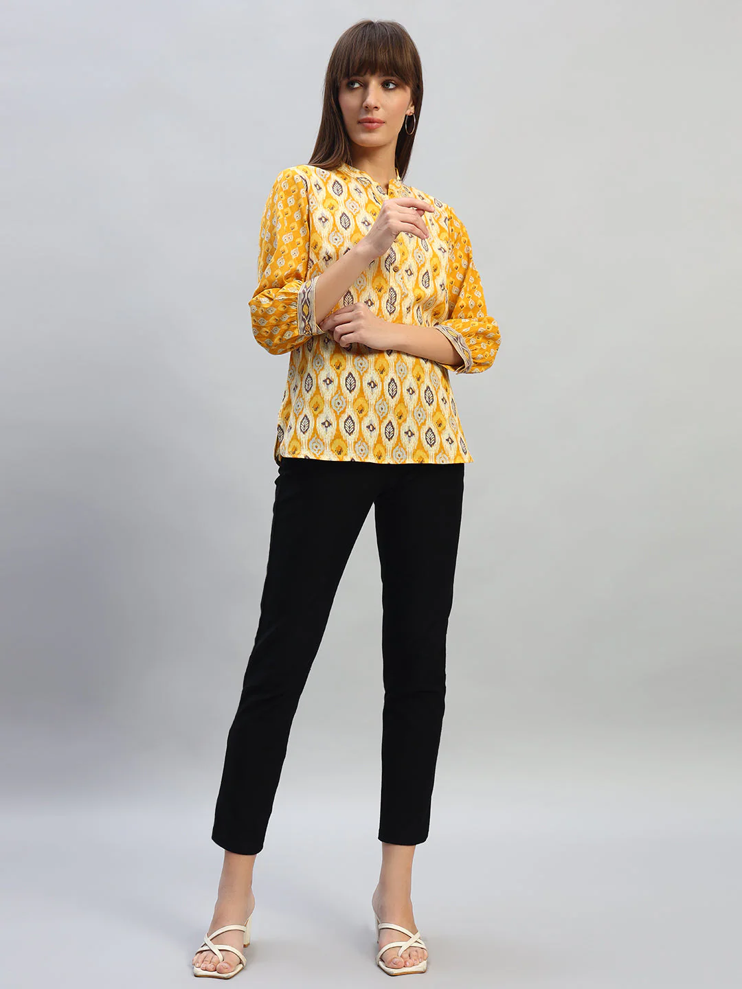 Women's Printed Mustard 3/4th Sleeves Round Neck Casual Tunic - Image 7