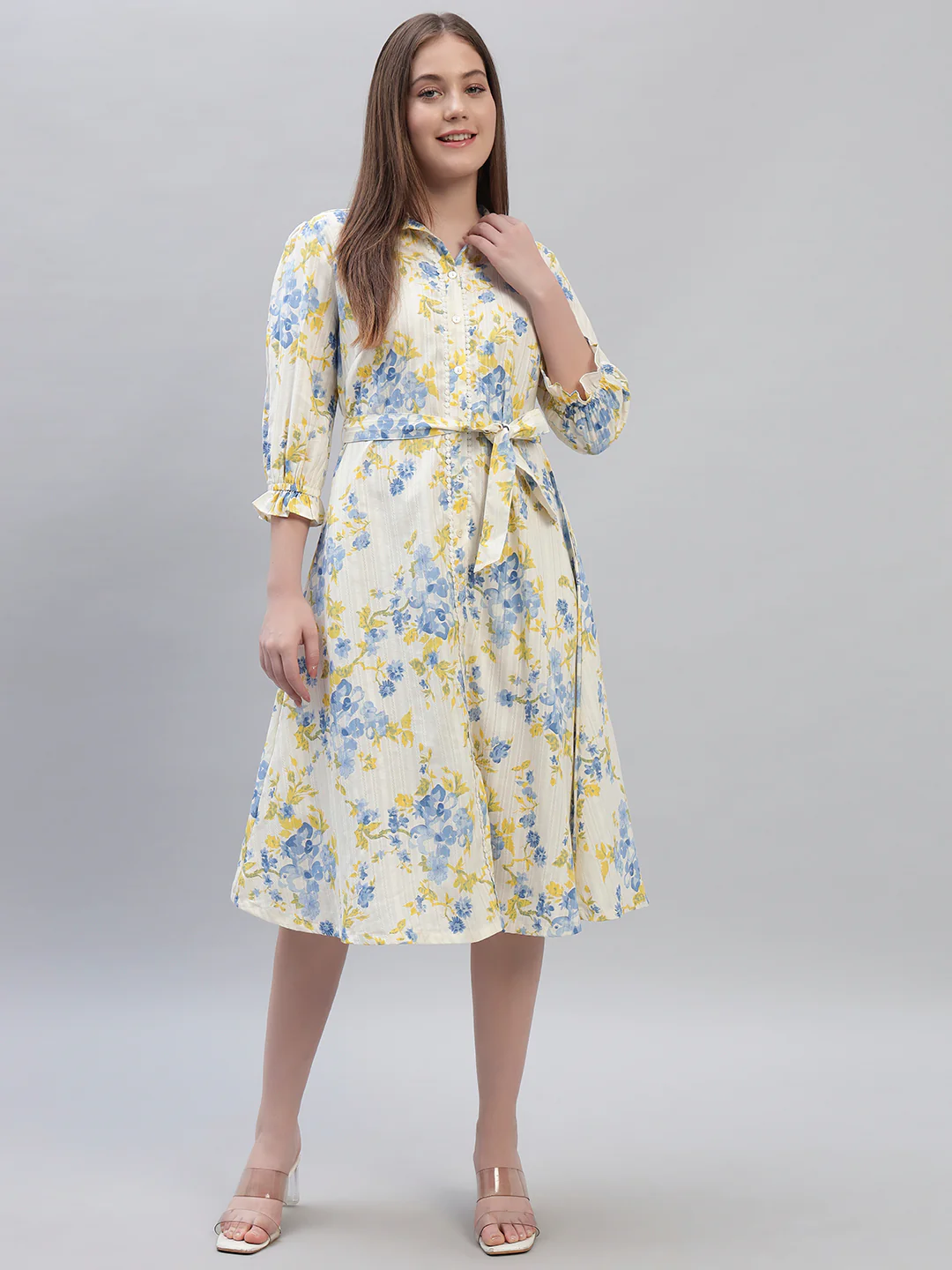 Women's Printed Off White 3/4th Sleeves Spread Collar Casual Dress - Image 2