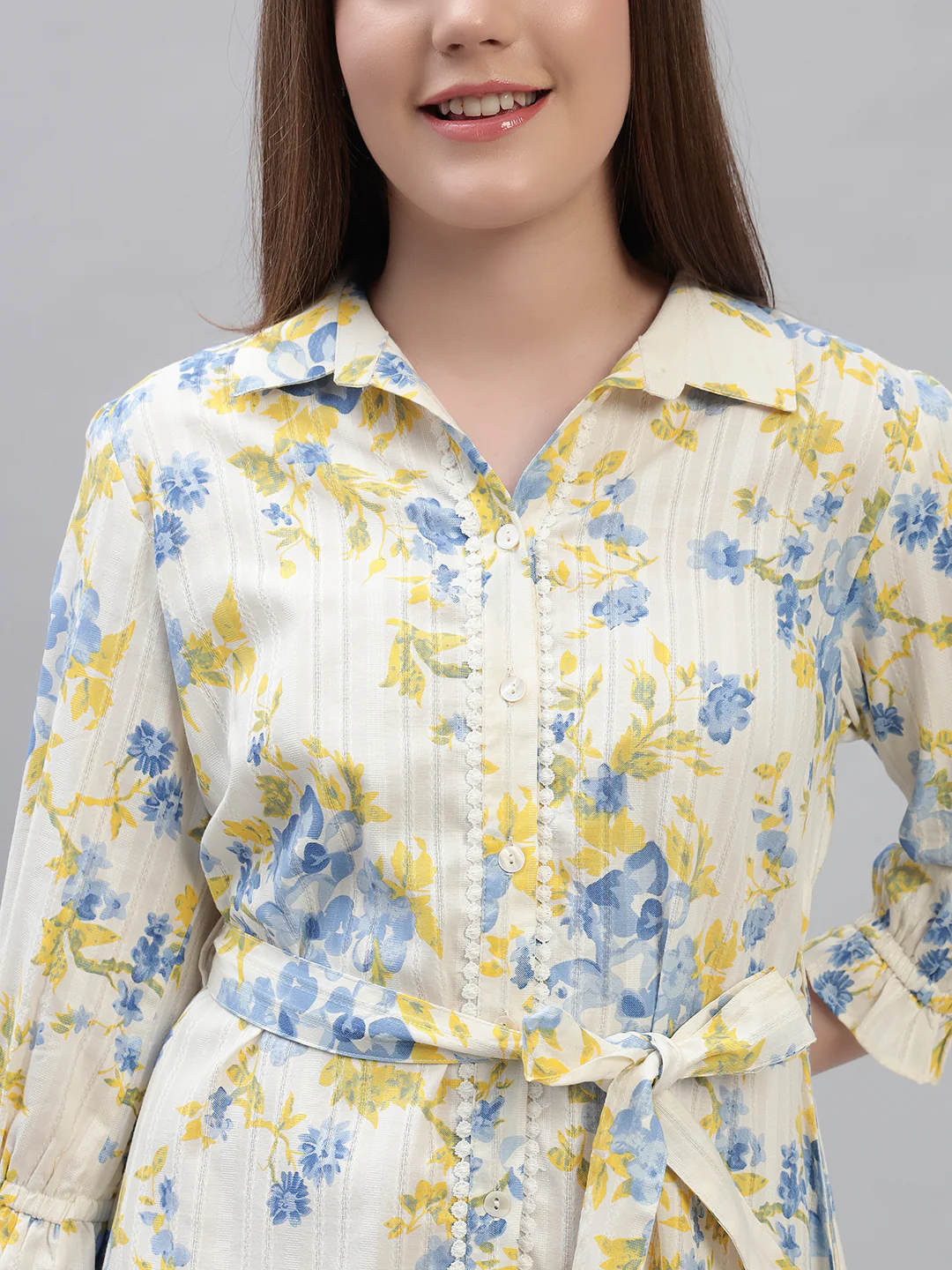 Women's Printed Off White 3/4th Sleeves Spread Collar Casual Dress - Image 5