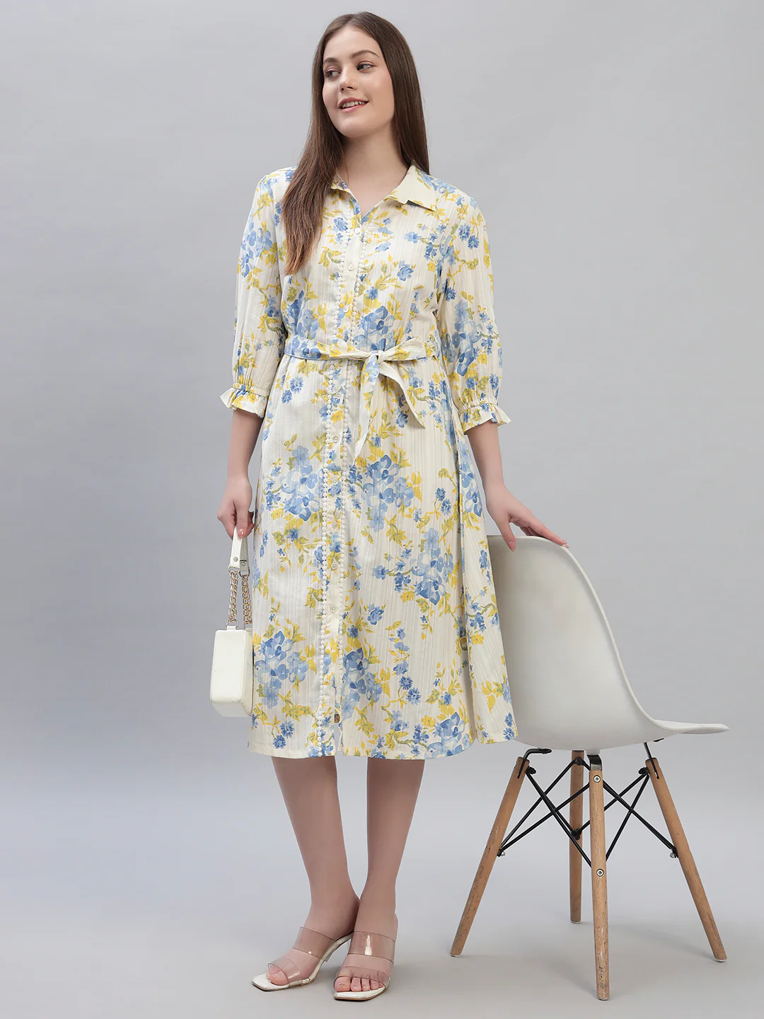 Women's Printed Off White 3/4th Sleeves Spread Collar Casual Dress - Image 6