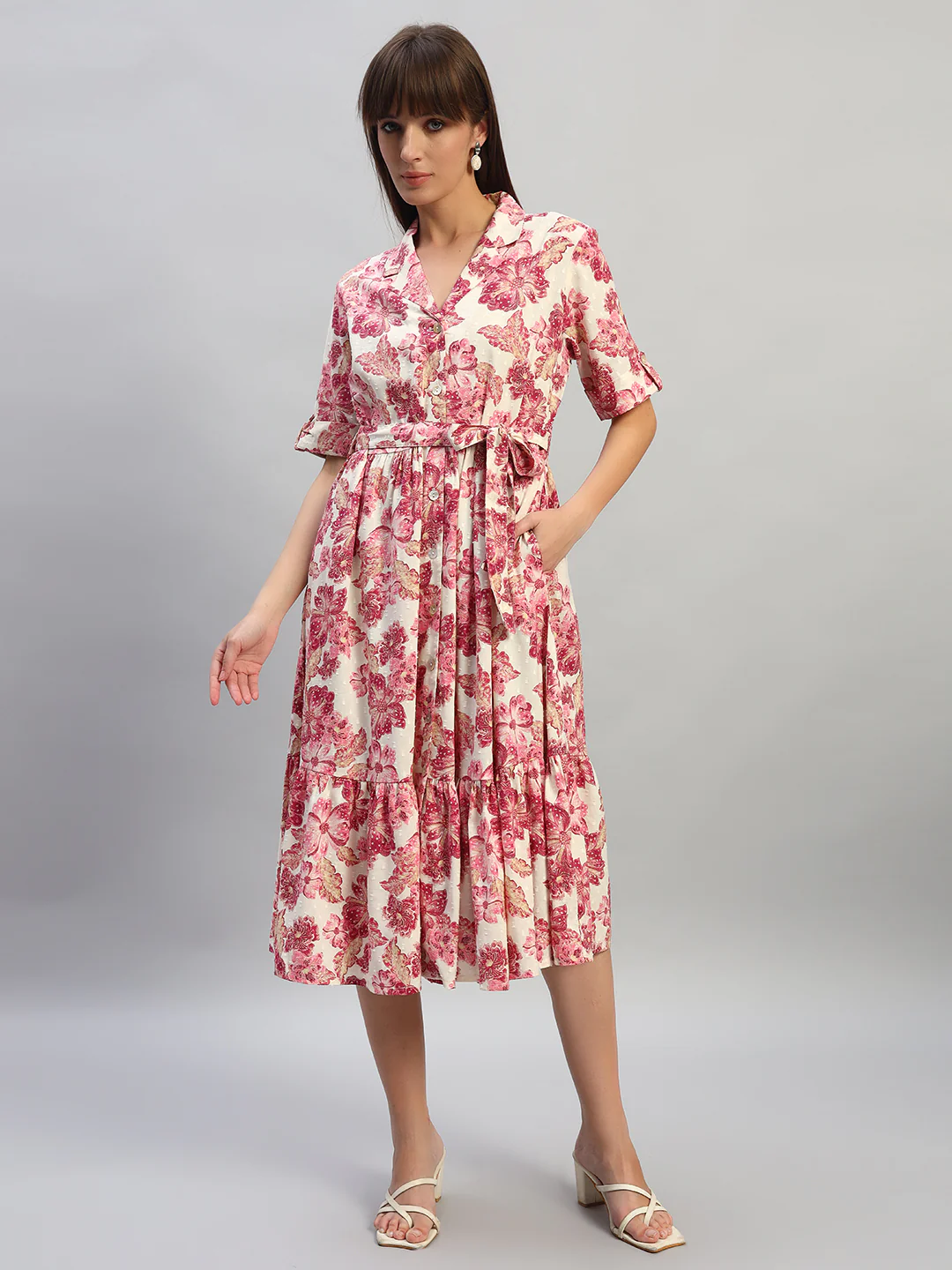 Women's Printed Off-White V-Neck Half Sleeves Casual Dress - Image 2