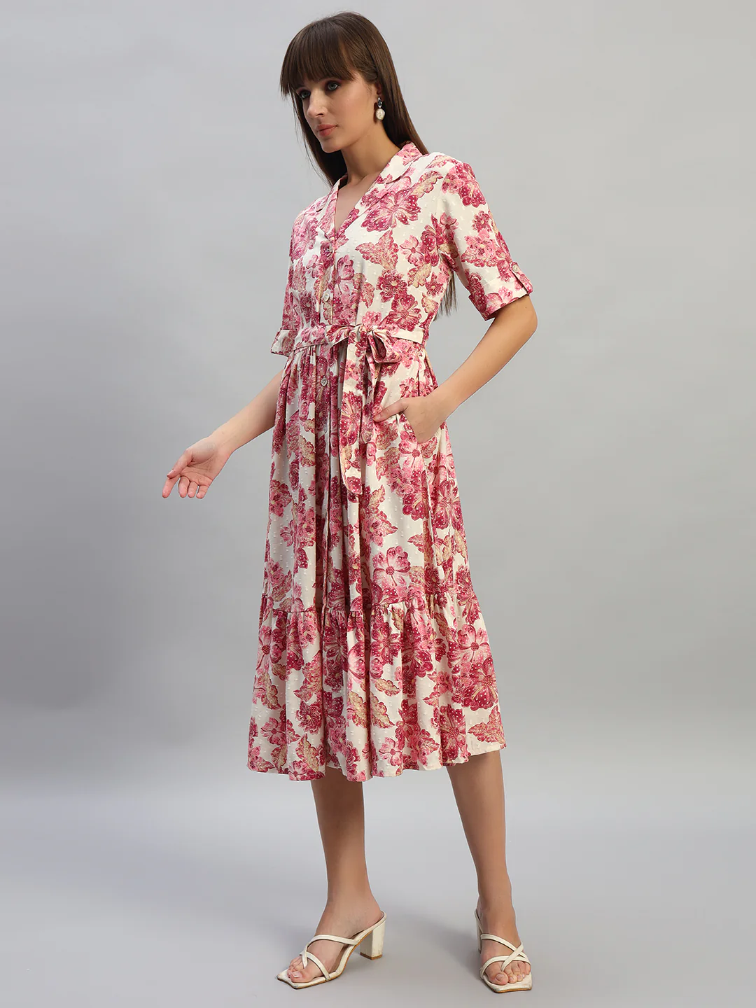 Women's Printed Off-White V-Neck Half Sleeves Casual Dress - Image 3